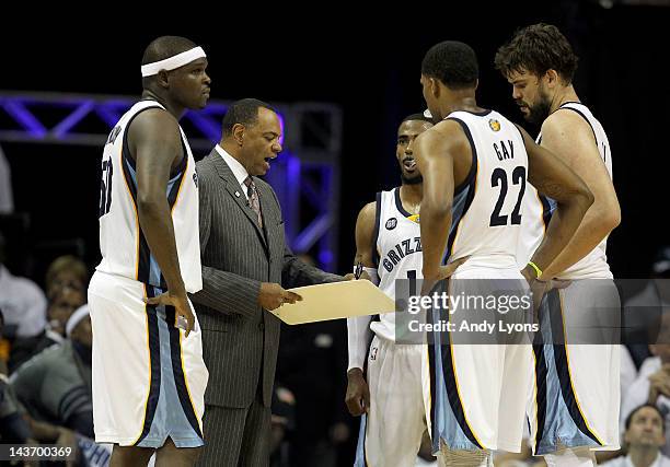 Lionel Hollins the head coach of the Memphis Grizzlies gives instructions to his team against the Los Angeles Clippers in Game Two of the Western...