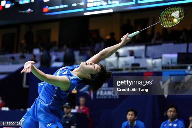 Akane Yamaguchi of Japan competes in the Women's Singles Second Round match against Wang Zhiyi of China during day three of the Yonex French Open at...