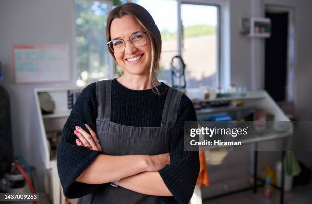 portrait creative artisan, woman and small business owner, manufacturing studio and production workshop for creativity service trade. happy artist in apron, entrepreneur and designer working startup - art and craft stock pictures, royalty-free photos & images