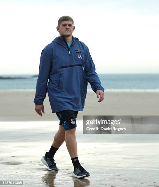 Jack Willis walks on along the beach during the England media session held at St. Brelade Bay on October 27, 2022 in St. Brelade, Jersey.