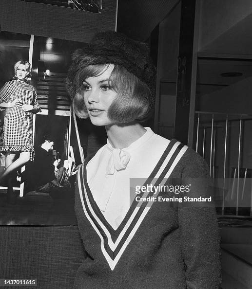 British model and actress Jean Shrimpton wearing a sweater and fur ...