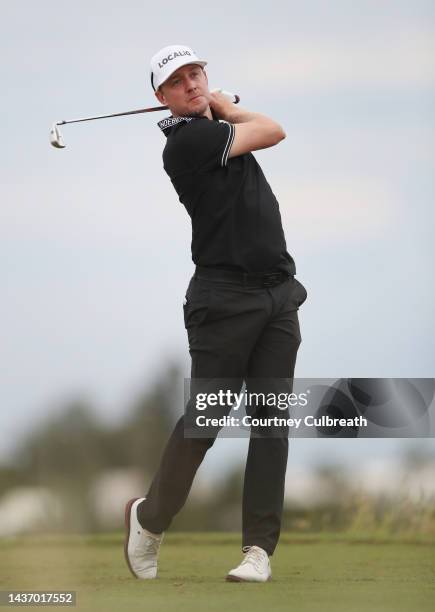 Jonas Blixt of Sweden plays his shot from the tenth tee during the first round of the Butterfield Bermuda Championship at Port Royal Golf Course on...