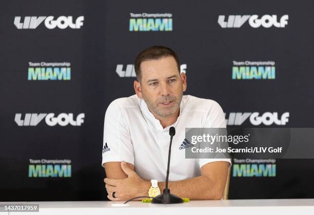 Team Captain Sergio Garcia of Fireballs GC speaks to the media during a press conference prior to the LIV Golf Invitational - Miami at Trump National...