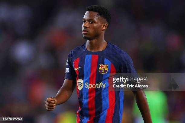 Ansu Fati of FC Barcelona looks on during the UEFA Champions League group C match between FC Barcelona and FC Bayern München at Spotify Camp Nou on...