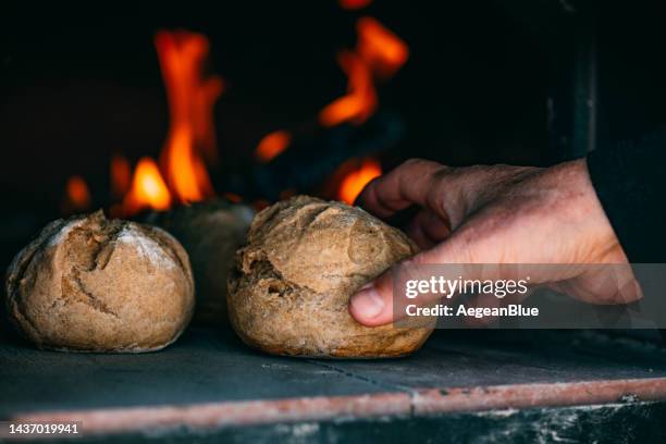 pan horneado en un horno de ladrillos - leña fotografías e imágenes de stock