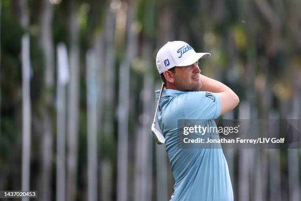 Bernd Wiesberger of Hy Flyers GC plays a shot on the tenth hole during a pro-am prior to the LIV Golf Invitational - Miami at Trump National Doral...