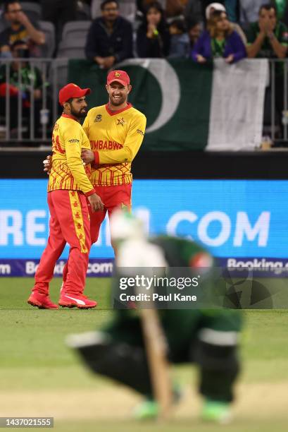 Sikandar Raza and Craig Ervine of Zimbabwe celebrate the wicket of Mohammad Nawaz of Pakistan during the ICC Men's T20 World Cup match between...