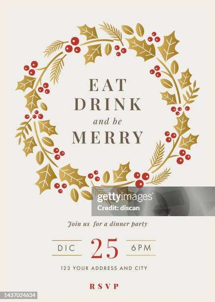 illustrations, cliparts, dessins animés et icônes de invitation à la fête de noël avec cadre de couronne. - repas entre amis