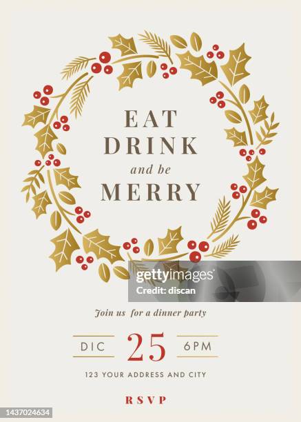 christmas party invitation with wreath frame. - christmas dinner stock illustrations
