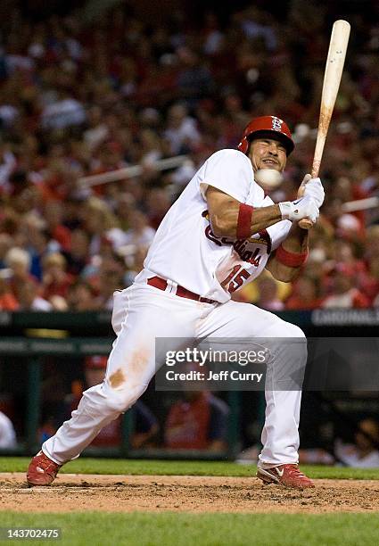 Rafael Furcal of the St. Louis Cardinals is almost hit by a pitch from a Pittsburgh Pirates pitcher at Busch Stadium on May 2, 2012 in St. Louis,...