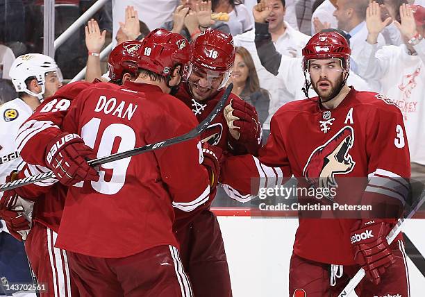 Mikkel Boedker, Shane Doan, Rostislav Klesla and Keith Yandle of the Phoenix Coyotes celebrate in Game One of the Western Conference Semifinals...