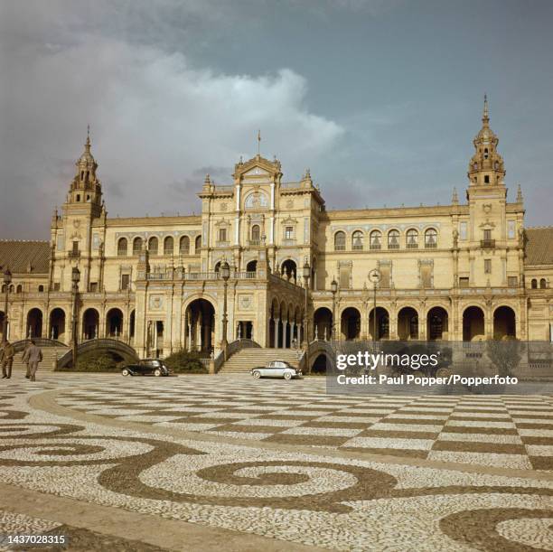 Cars parked outside the Plaza de Espana located in Maria Luisa Park in the city of Seville, capital of the province of Seville in the Andalusia...