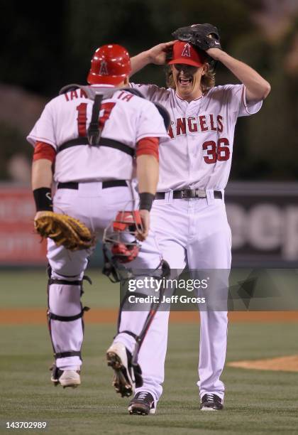 Starting pitcher Jered Weaver of the Los Angeles Angels of Anaheim celebrates with catcher Chris Iannetta after throwing a no hitter against the...