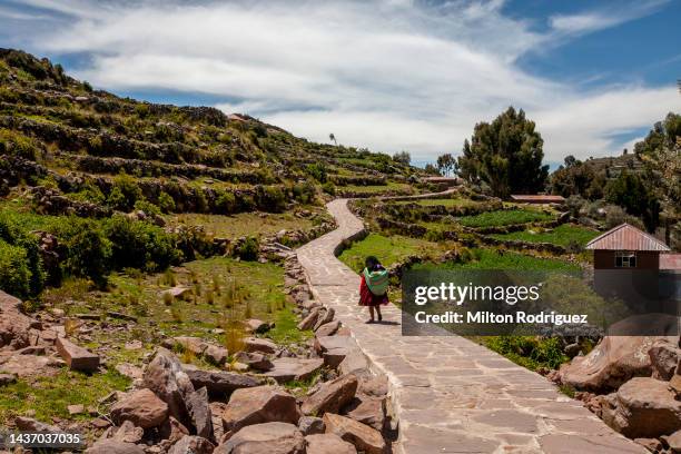 natural and rural landscape of taquile in puno peru - hiking machu picchu stock pictures, royalty-free photos & images