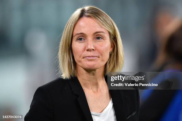 Sonia Bompastor, Head Coach of Olympique Lyon looks on prior to the UEFA Women's Champions League group C match between Juventus and Olympique...