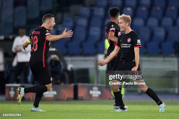 Gustav Isaksen of FC Midtjylland celebrates after scoring their side's first goal during the UEFA Europa League group F match between SS Lazio and FC...