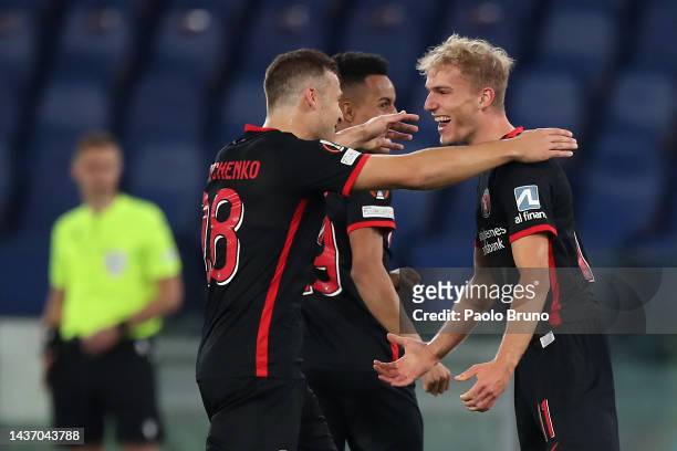 Gustav Isaksen of FC Midtjylland celebrates after scoring their side's first goal during the UEFA Europa League group F match between SS Lazio and FC...