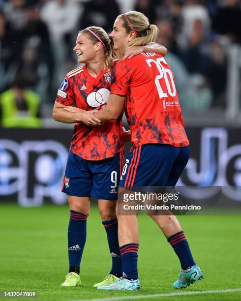 Lindsey Horan of Olympique Lyon celebrates with teammate Eugenie Le Sommer after scoring their side's first goal during the UEFA Women's Champions...