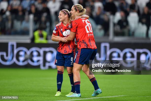 Lindsey Horan of Olympique Lyon celebrates with teammate Eugenie Le Sommer after scoring their side's first goal during the UEFA Women's Champions...