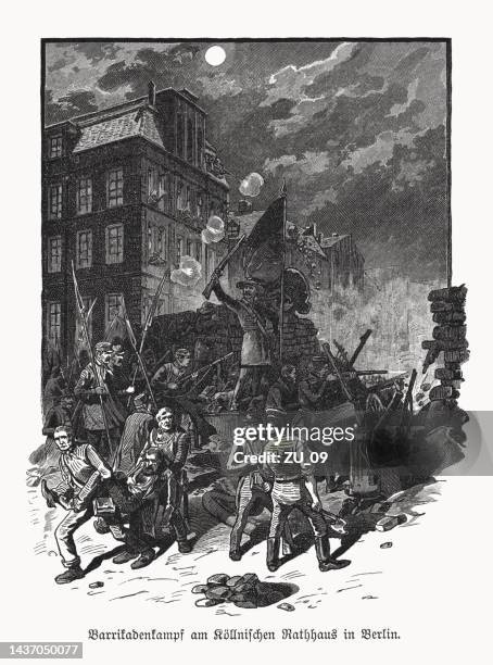 barrikadenschlacht in berlin (1848), holzstich, veröffentlicht 1893 - berlin nacht stock-grafiken, -clipart, -cartoons und -symbole