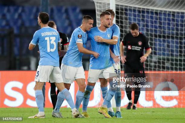 Sergej Milinkovic-Savic of SS Lazio celebrates after scoring their side's first goal during the UEFA Europa League group F match between SS Lazio and...