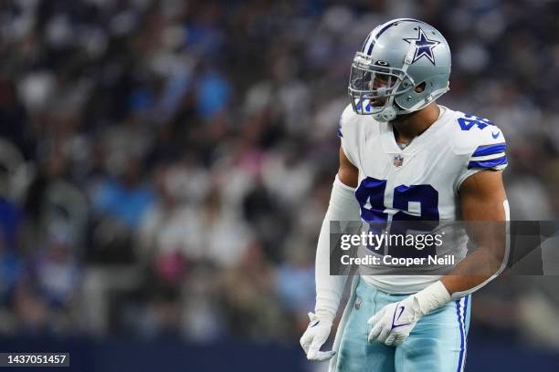 Anthony Barr of the Dallas Cowboys looks down the line of scrimmage against the Detroit Lions at AT&T Stadium on October 23, 2022 in Arlington, Texas.