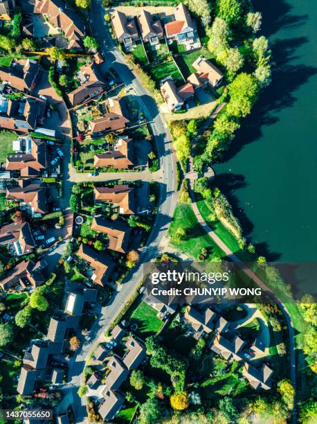 aerial footage of as typical suburban housing estates in the british town of milton keynes - housing development uk stock pictures, royalty-free photos & images