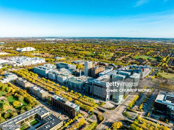 drone view of milton keynes, england - milton keynes stock pictures, royalty-free photos & images