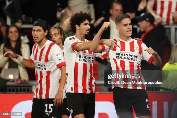 Joey Veerman of PSV Eindhoven celebrates with teammates after scoring their team's first goal during the UEFA Europa League group A match between PSV...