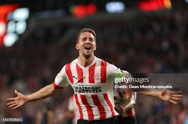 Luuk de Jong of PSV Eindhoven celebrates after scoring their team's second goal during the UEFA Europa League group A match between PSV Eindhoven and...