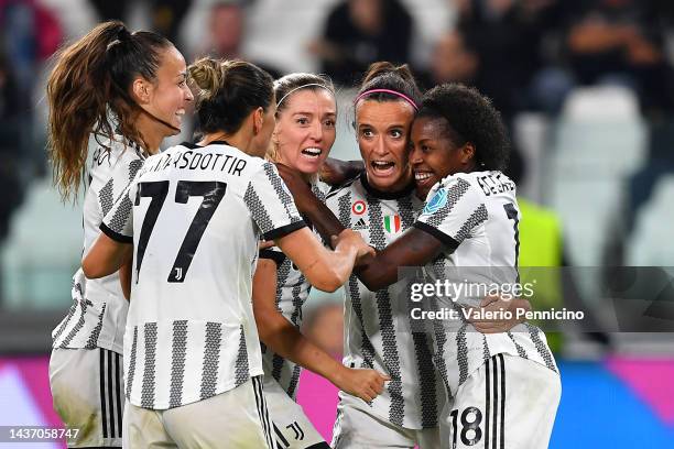 Barbara Bonansea of Juventus FC celebates their side's first goal, an own goal by Melvine Malard of Olympique Lyon during the UEFA Women's Champions...