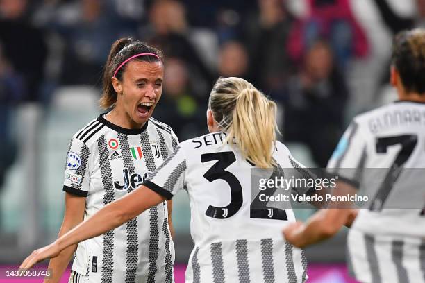 Barbara Bonansea of Juventus FC celebates their side's first goal, an own goal by Melvine Malard of Olympique Lyon during the UEFA Women's Champions...