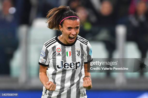 Barbara Bonansea of Juventus FC celebates their side's first goal, an own goal by Melvine Malard of Olympique Lyon during the UEFA Women's Champions...