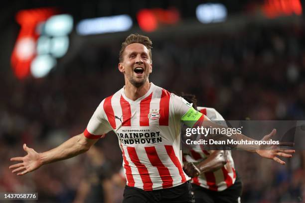 Luuk de Jong of PSV Eindhoven celebrates after scoring their team's second goal during the UEFA Europa League group A match between PSV Eindhoven and...