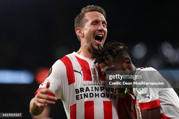 Luuk de Jong of PSV Eindhoven celebrates after scoring their team's second goal during the UEFA Europa League group A match between PSV Eindhoven and...