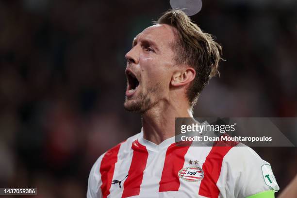 Luuk de Jong of PSV Eindhoven celebrates after scoring their team's second goal during the UEFA Europa League group A match between PSV Eindhoven and...