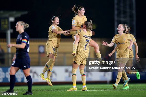 Mariona Caldentey of FC Barcelona celebrates with teammates after scoring their side's third goal during the UEFA Women's Champions League group D...