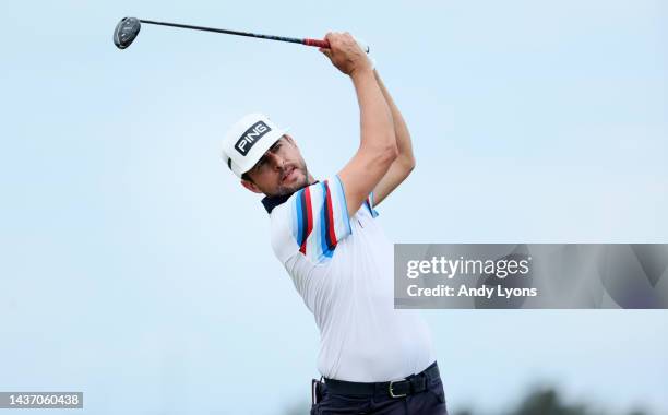 Scott Harrington of the United States plays his shot from the tenth tee during the first round of the Butterfield Bermuda Championship at Port Royal...