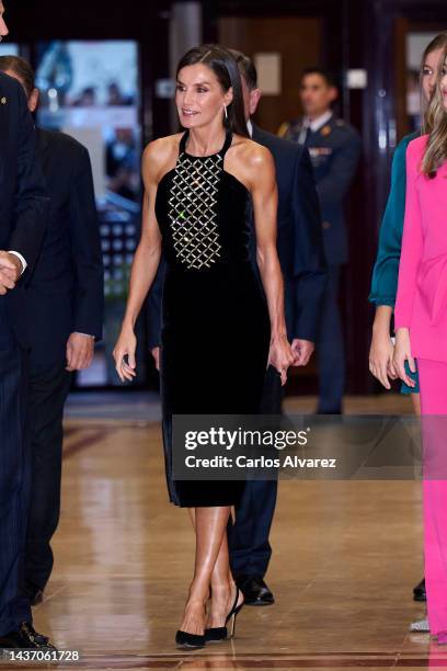 Queen Letizia of Spain attends a concert ahead of the "Princesa De Asturias" Awards 2022 at the Prince Felipe Auditorium on October 27, 2022 in...