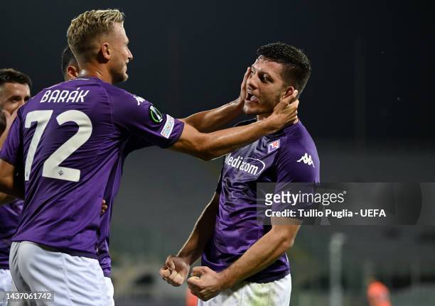 Luka Jovic celebrates with Antonin Barak of Fiorentina after scoring their team's second goal during the UEFA Europa Conference League group A match...