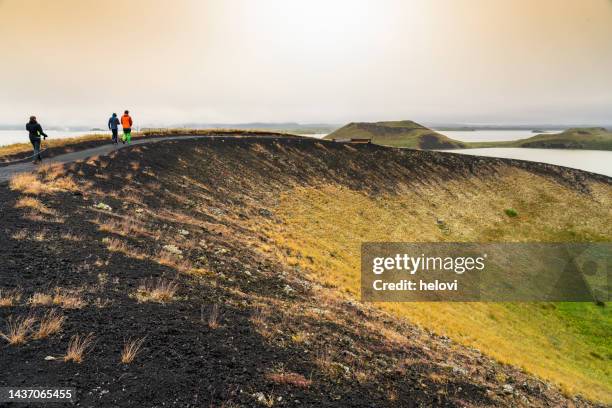 people on circular walk at skutustadir, myvatn - myvatn stock pictures, royalty-free photos & images