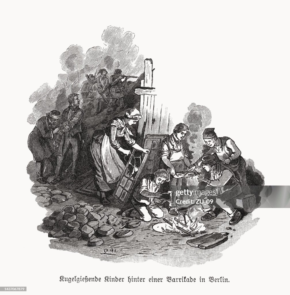 German Exploding Bullets Children Pour Rifle Bullets German Revolution 1848 Woodcut Published ...
