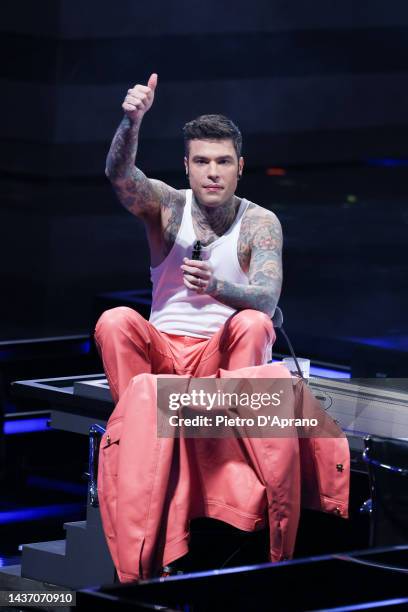 Fedez attends the 16th edition of X Factor 2022 at Repower Theatre on October 27, 2022 in Assago, Italy.