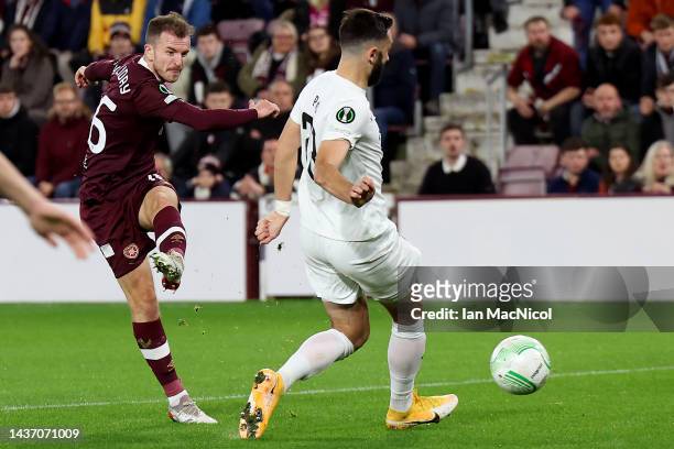 Andrew Halliday of Heart of Midlothian scores their side's second goal during the UEFA Europa Conference League group A match between Heart of...