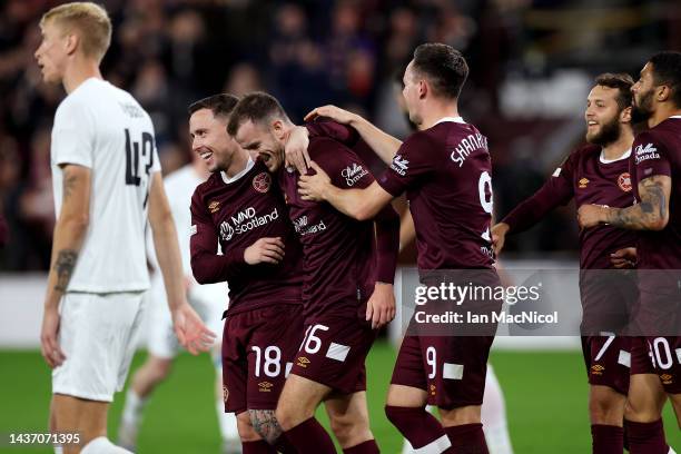 Andrew Halliday of Heart of Midlothian celebrates with teammates after scoring their side's second goal during the UEFA Europa Conference League...