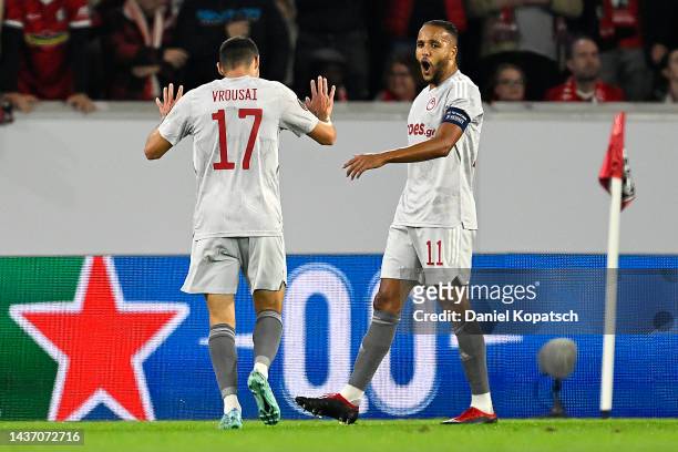 Youssef El-Arabi of Olympiacos FC celebrates after scoring their side's first goal during the UEFA Europa League group G match between Sport-Club...