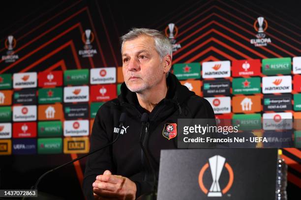 Bruno Genesio, Head Coach of Stade Rennes speaks to the media in the post match press conference after their sides draw during the UEFA Europa League...