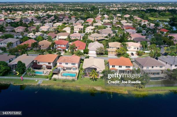 In this aerial view, single family homes are shown in a residential neighborhood on October 27, 2022 in Miramar, Florida. The rate on the average...