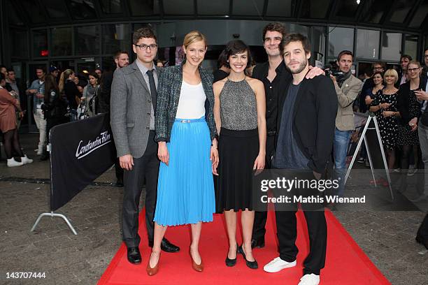 Stefan Ruppe, Lisa Bitter, Lucie Heinze, Marian Kindermann and Martin Aselmann attend the 'Das Hochzeitsvideo' World Premiere at Cinedome Cologne on...