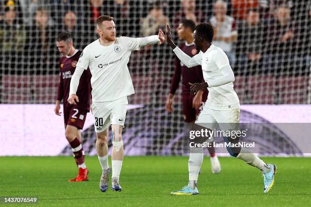 Kevin Friesenbichler of Rigas Futbola skola scores their side's first goal during the UEFA Europa Conference League group A match between Heart of...